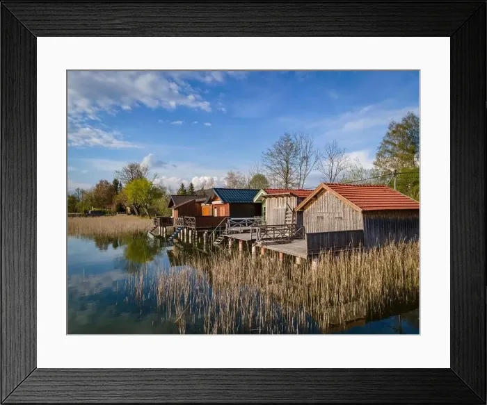 Framed Print : Wonderful bathing huts and boat sheds at the Irrsee in Austria Framed Print : Wonderful bathing huts and boat sheds at the Irrsee in Austria
