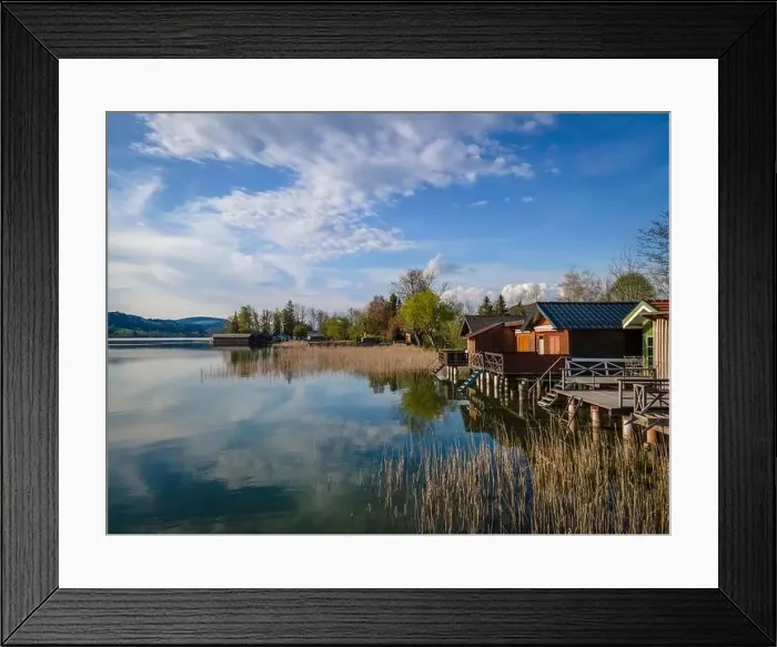 Framed Print : Wonderful bathing huts and boat sheds at the Irrsee in Austria Framed Print : Wonderful bathing huts and boat sheds at the Irrsee in Austria