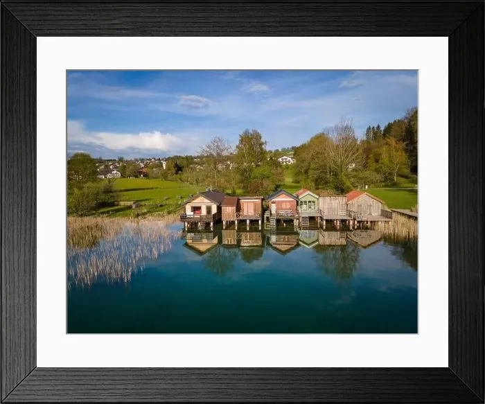 Framed Print : Wonderful bathing huts and boat sheds at the Irrsee in Austria Framed Print : Wonderful bathing huts and boat sheds at the Irrsee in Austria