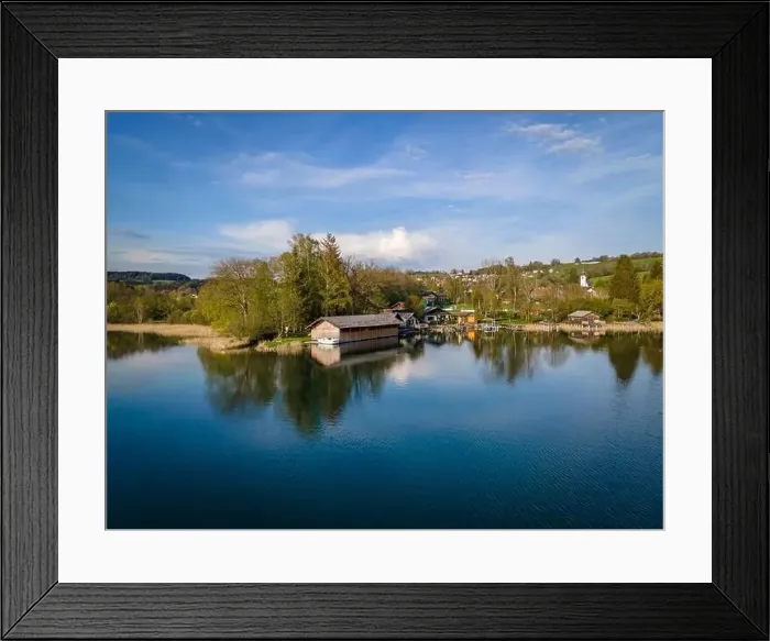 Framed Print : Wonderful bathing huts and boat sheds at the Irrsee in Austria Framed Print : Wonderful bathing huts and boat sheds at the Irrsee in Austria
