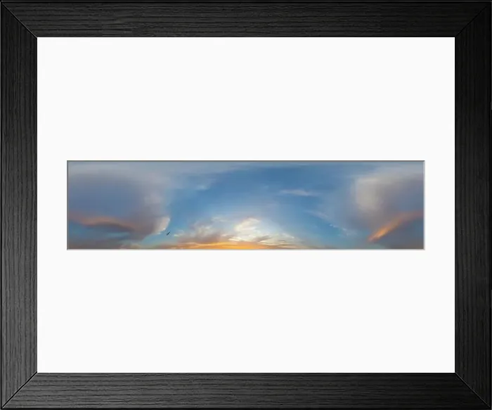 Framed Print : Panorama of a dark blue sunset sky with golden Cumulus clouds Framed Print : Panorama of a dark blue sunset sky with golden Cumulus clouds