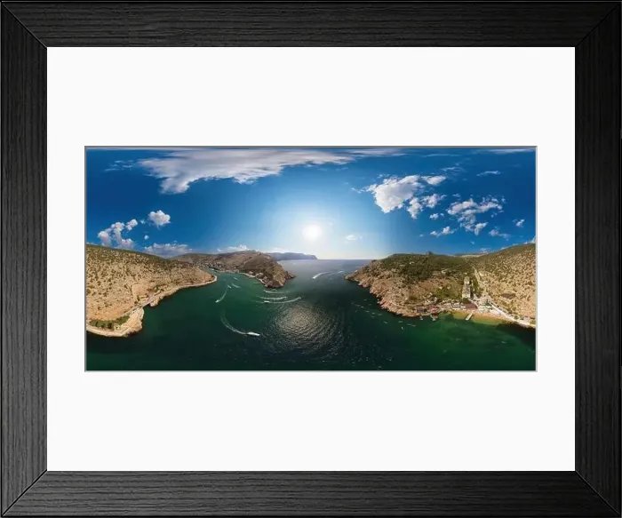 Framed Print : Aerial panoramic view of Balaklava landscape with boats and sea in marina bay Framed Print : Aerial panoramic view of Balaklava landscape with boats and sea in marina bay