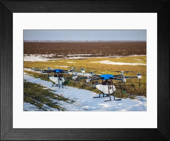 Framed Print : A beautiful blue agrodron stands on the field Framed Print : A beautiful blue agrodron stands on the field