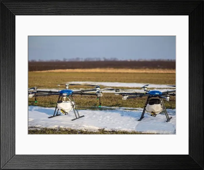 Framed Print : A beautiful blue agrodron stands on the field Framed Print : A beautiful blue agrodron stands on the field
