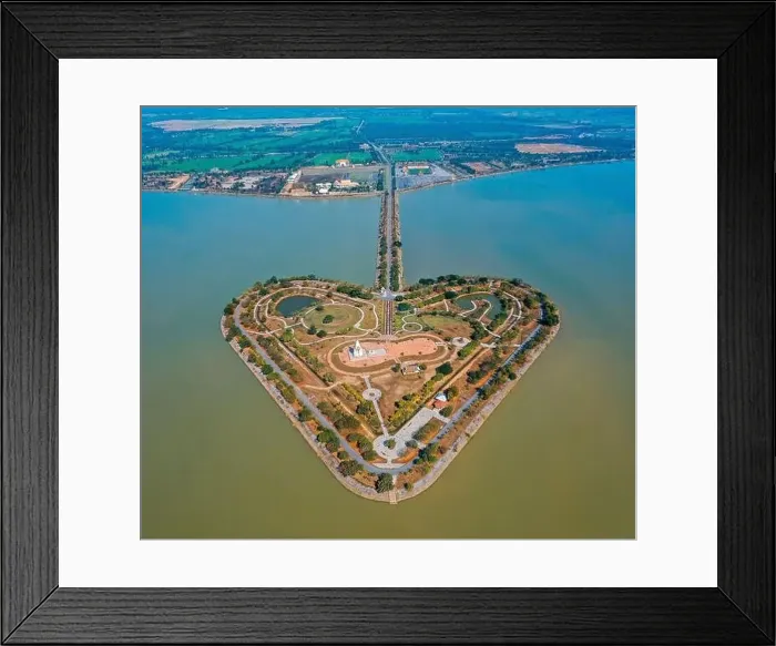 Framed Print : Aerial view of the holy heart land, a heart shape island in Thung Talay Luang, Mueang District, Sukhothai Framed Print : Aerial view of the holy heart land, a heart shape island in Thung Talay Luang, Mueang District, Sukhothai
