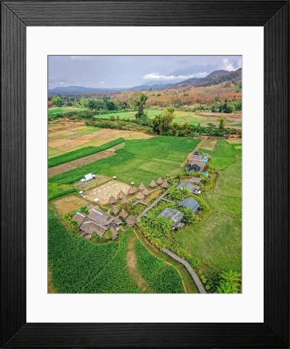Framed Print : Aerial view of Houses in the middle of rice fields in Nan province, Thailand