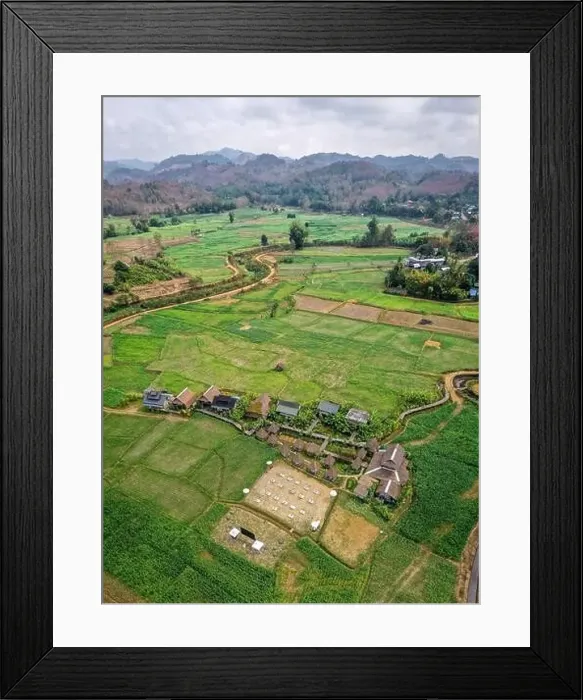 Framed Print : Aerial view of Houses in the middle of rice fields in Nan province, Thailand