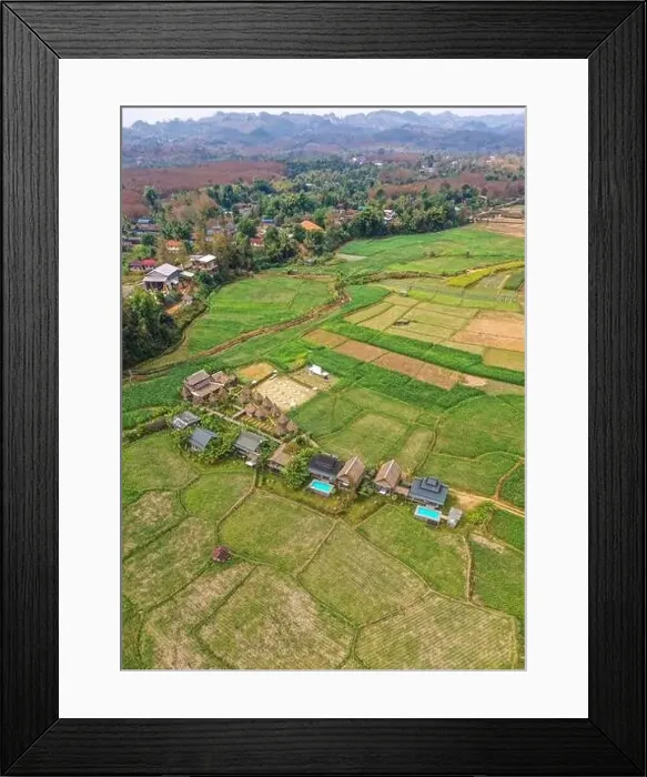Framed Print : Aerial view of Houses in the middle of rice fields in Nan province, Thailand