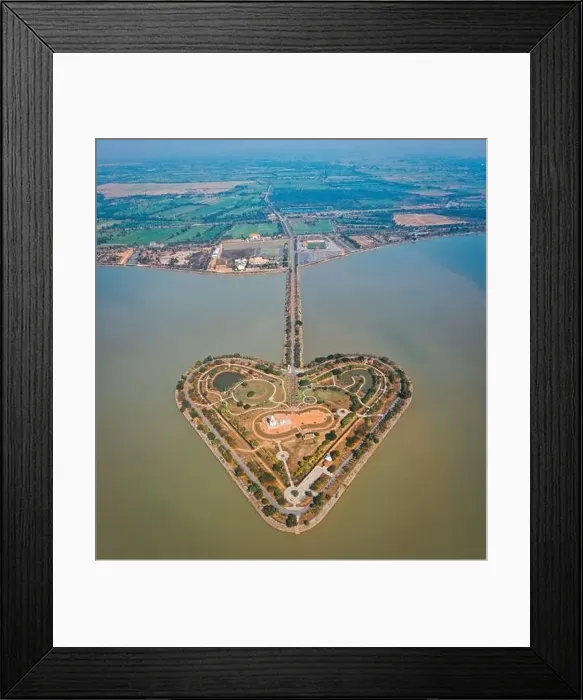 Framed Print : Aerial view of the holy heart land, a heart shape island in Thung Talay Luang, Mueang District, Sukhothai Framed Print : Aerial view of the holy heart land, a heart shape island in Thung Talay Luang, Mueang District, Sukhothai