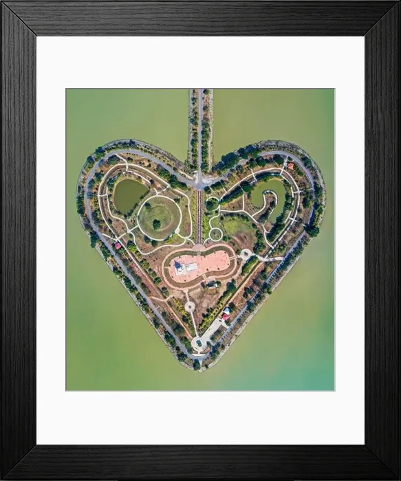 Framed Print : Aerial view of the holy heart land, a heart shape island in Thung Talay Luang, Mueang District, Sukhothai Framed Print : Aerial view of the holy heart land, a heart shape island in Thung Talay Luang, Mueang District, Sukhothai