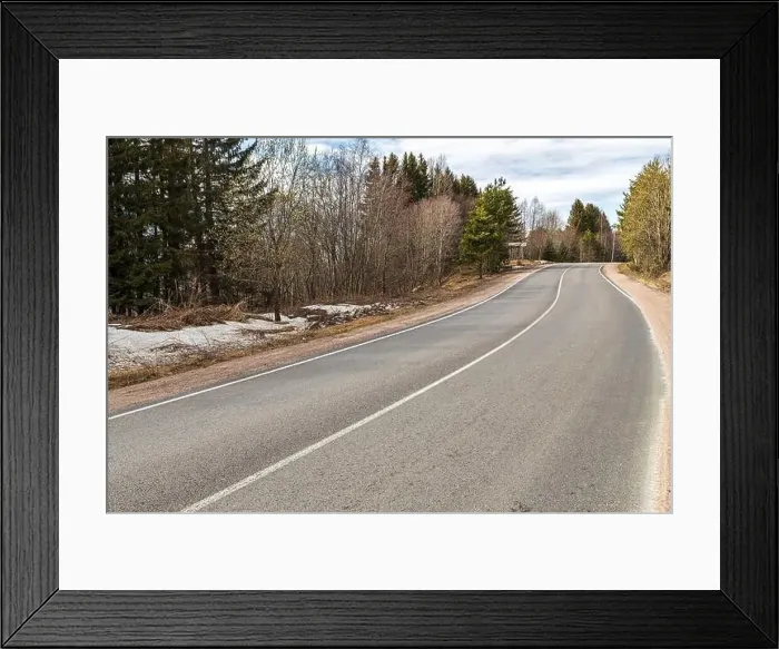 Framed Print : Narrow asphalt road between settlements in Karelia Framed Print : Narrow asphalt road between settlements in Karelia
