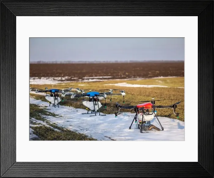 Framed Print : Many agrodrones are on the green field. The snow has not melted yet. Agrodrons are ready to spray fertilizer Framed Print : Many agrodrones are on the green field. The snow has not melted yet. Agrodrons are ready to spray fertilizer