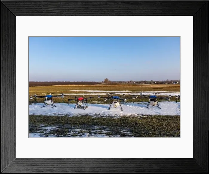 Framed Print : Many agrodrones are on the green field. The snow has not melted yet. Agrodrons are ready to spray fertilizer Framed Print : Many agrodrones are on the green field. The snow has not melted yet. Agrodrons are ready to spray fertilizer