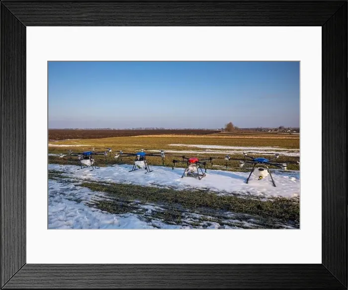 Framed Print : Many agrodrones are on the green field. The snow has not melted yet. Agrodrons are ready to spray fertilizer Framed Print : Many agrodrones are on the green field. The snow has not melted yet. Agrodrons are ready to spray fertilizer