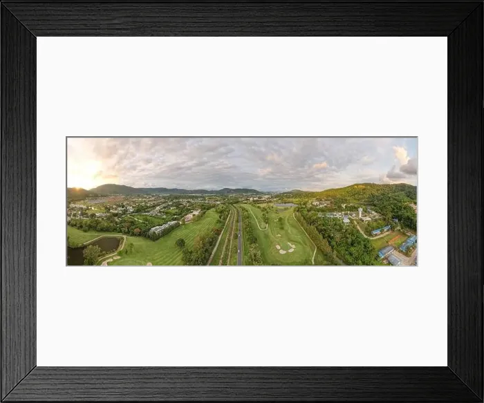 Framed Print : Aerial view panorama green golf field in Kathu district Phuket Thailand. Amazing landscape Drone camera High angle view Framed Print : Aerial view panorama green golf field in Kathu district Phuket Thailand. Amazing landscape Drone camera High angle view