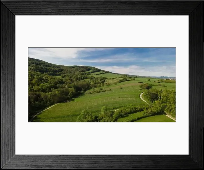 Framed Print : aerial drone flight over green meadows and forest in lower austria Framed Print : aerial drone flight over green meadows and forest in lower austria