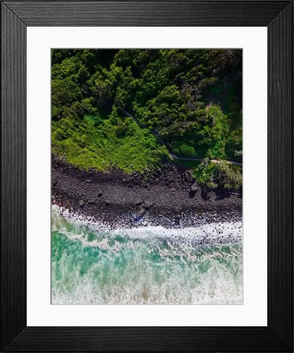 Framed Print : Aerial long exposure of rocky shoreline with walking track. Burleigh Heads, Queensland, Australia Framed Print : Aerial long exposure of rocky shoreline with walking track. Burleigh Heads, Queensland, Australia