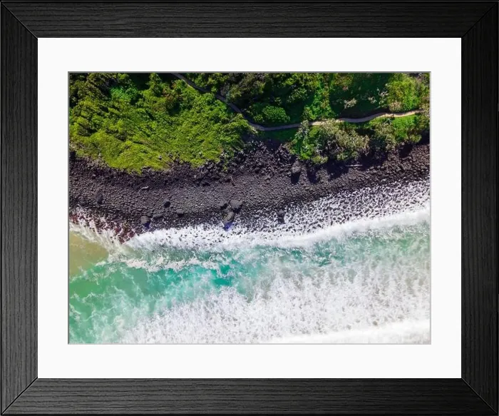 Framed Print : Aerial long exposure of rocky shoreline with walking track. Burleigh Heads, Queensland, Australia Framed Print : Aerial long exposure of rocky shoreline with walking track. Burleigh Heads, Queensland, Australia
