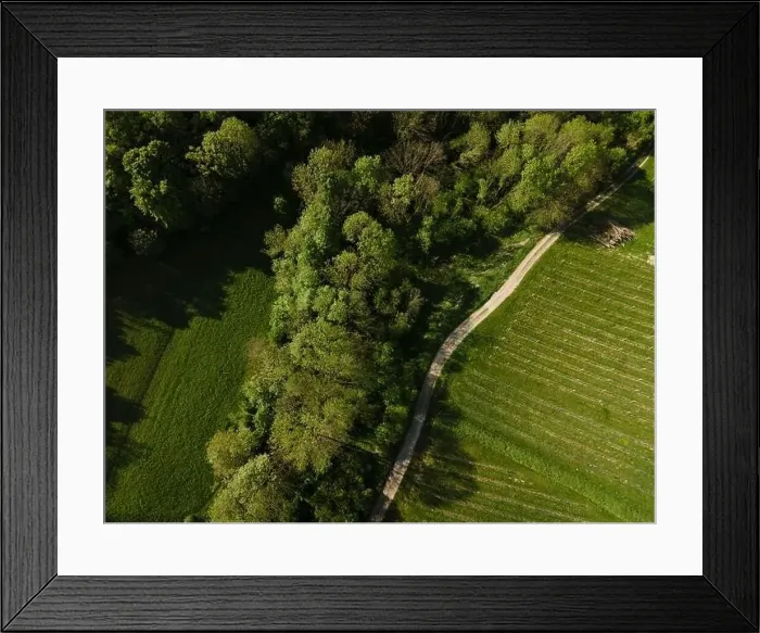 Framed Print : aerial drone flight over green meadows and forest in lower austria
