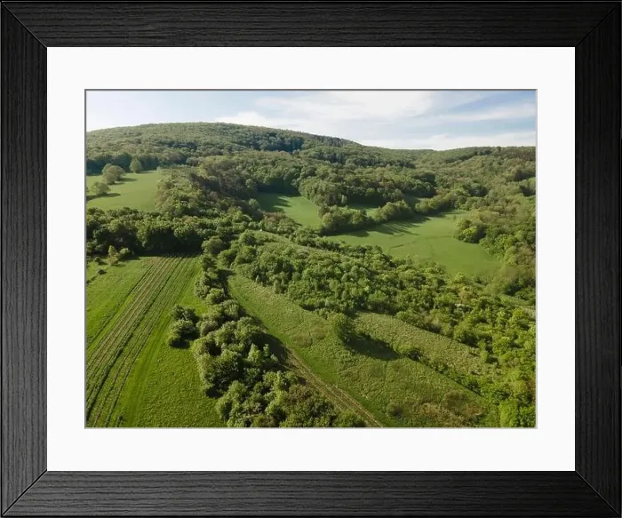 Framed Print : aerial drone flight over green meadows and forest in lower austria Framed Print : aerial drone flight over green meadows and forest in lower austria