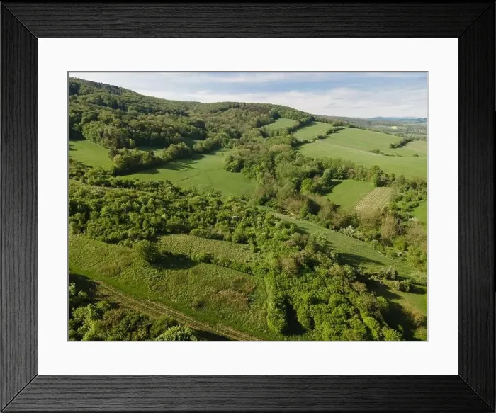Framed Print : aerial drone flight over green meadows and forest in lower austria