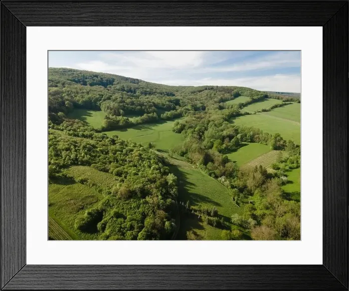 Framed Print : aerial drone flight over green meadows and forest in lower austria Framed Print : aerial drone flight over green meadows and forest in lower austria