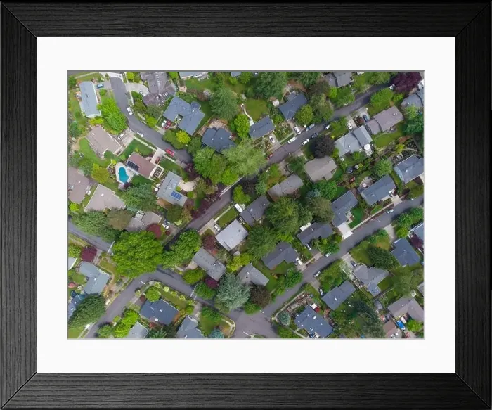 Framed Print : Drone shot. Small town, suburb Framed Print : Drone shot. Small town, suburb