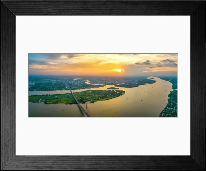 Framed Print : Can Tho bridge, Can Tho city, Vietnam, aerial view sunset sky. Can Tho bridge is famous bridge in mekong delta, Vietnam