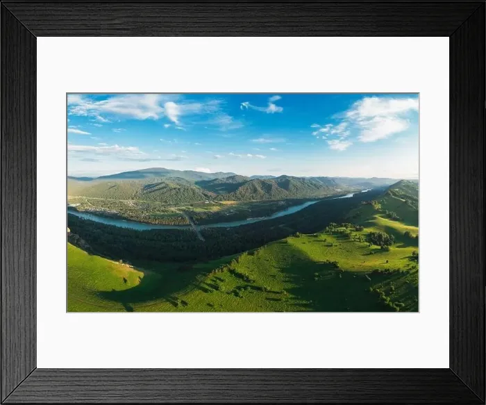 Framed Print : Aerial Panorama drone shot of beauty dawn on the peak, in the mountains in Altay, summertime Framed Print : Aerial Panorama drone shot of beauty dawn on the peak, in the mountains in Altay, summertime