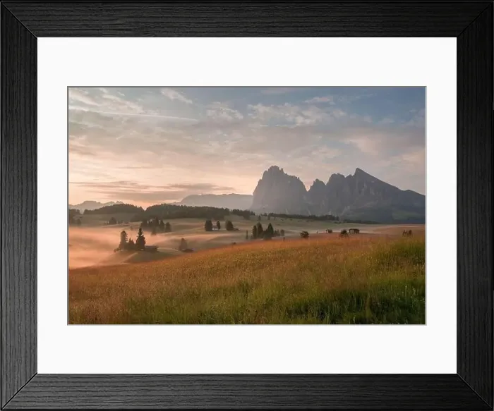 Framed Print : Mountain meadows of the Dolomites in the morning fog and mist with ethereal atmosphere Framed Print : Mountain meadows of the Dolomites in the morning fog and mist with ethereal atmosphere