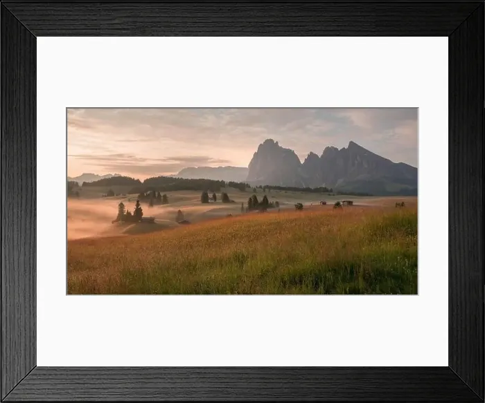 Framed Print : Mountain meadows of the Dolomites in the morning fog and mist with ethereal atmosphere Framed Print : Mountain meadows of the Dolomites in the morning fog and mist with ethereal atmosphere