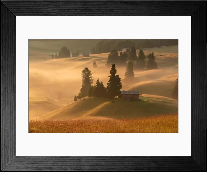 Framed Print : Mountain meadows of the Dolomites in the morning fog and mist with ethereal atmosphere Framed Print : Mountain meadows of the Dolomites in the morning fog and mist with ethereal atmosphere