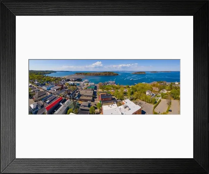 Framed Print : Bar Harbor historic town center on Main Street and Bar Island in Frenchman Bay aerial view, Bar Harbor, Maine ME, USA Framed Print : Bar Harbor historic town center on Main Street and Bar Island in Frenchman Bay aerial view, Bar Harbor, Maine ME, USA