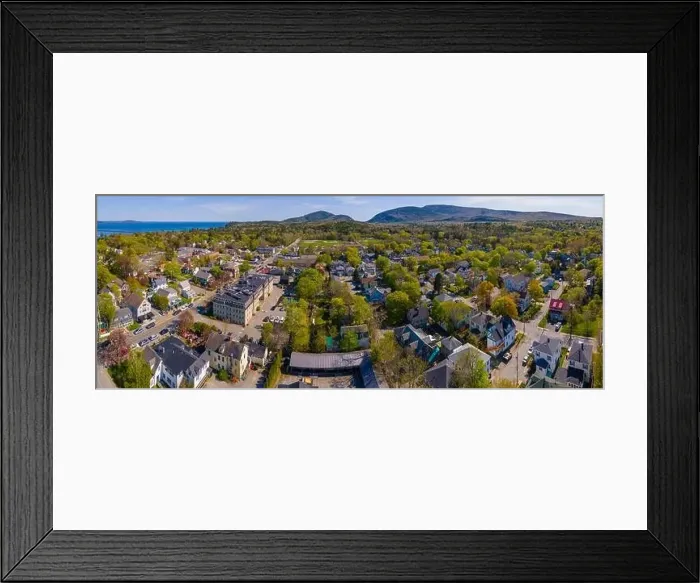 Framed Print : Bar Harbor historic town center aerial view on Main Street with Cadillac Mountain in Acadia National Park Framed Print : Bar Harbor historic town center aerial view on Main Street with Cadillac Mountain in Acadia National Park