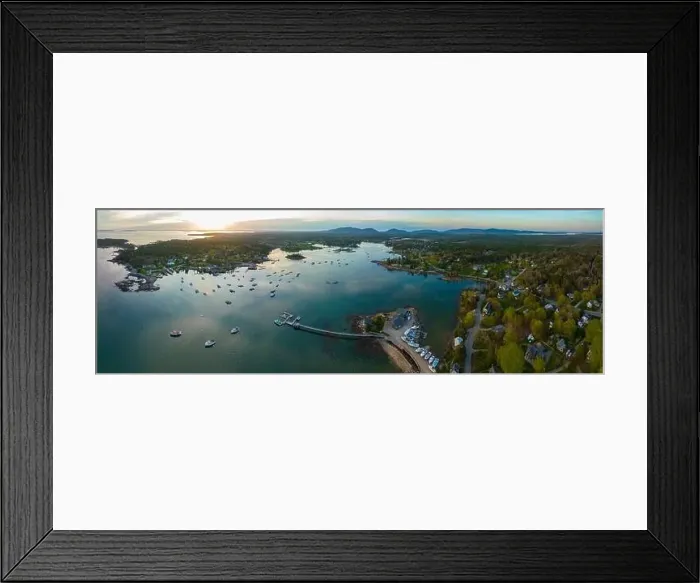 Framed Print : Bass Harbor and village aerial view at sunset with Mountains in Acadia National Park at the background in town of Framed Print : Bass Harbor and village aerial view at sunset with Mountains in Acadia National Park at the background in town of