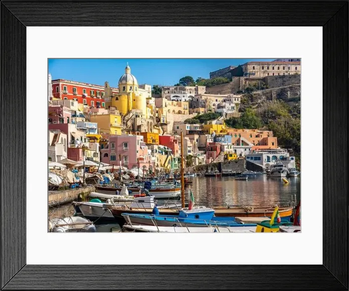 Framed Print : Aerial drone view of Corricella fisherman village in Procida island Naples Italy Framed Print : Aerial drone view of Corricella fisherman village in Procida island Naples Italy