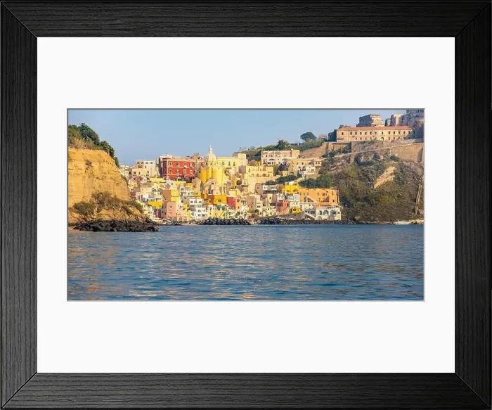 Framed Print : Aerial drone view of Corricella fisherman village in Procida island Naples Italy Framed Print : Aerial drone view of Corricella fisherman village in Procida island Naples Italy