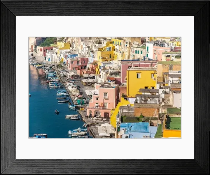 Framed Print : Aerial drone view of Corricella fisherman village in Procida island Naples Italy Framed Print : Aerial drone view of Corricella fisherman village in Procida island Naples Italy