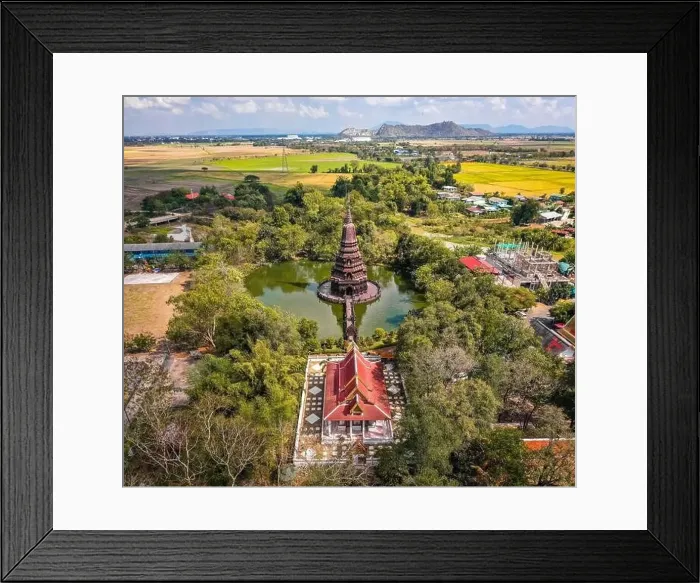 Framed Print : Aerial view of Wat Huai Kaeo or Wat Huay Kaew pagoda temple in Lopburi, Thailand Framed Print : Aerial view of Wat Huai Kaeo or Wat Huay Kaew pagoda temple in Lopburi, Thailand