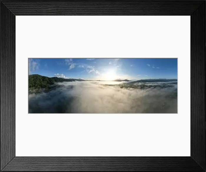 Framed Print : Aerial view Panorama of flowing fog waves on mountain tropical rainforest