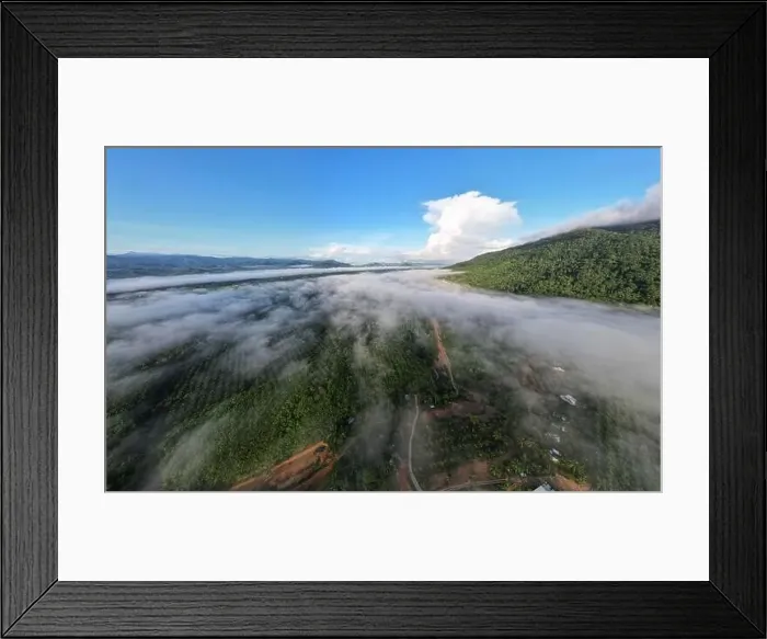 Framed Print : Aerial view Panorama of flowing fog waves on mountain tropical rainforest
