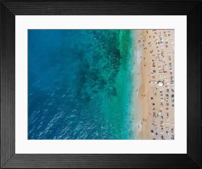 Framed Print : Drone footage of people sunbathing on Kaputaş beach near Kalkan - Kaş, Antalya, Turkey