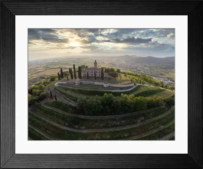 Framed Print : Aerial footage view from the drone of a ancient fortress built on a green hill, Gussago, Bergamo, Italy
