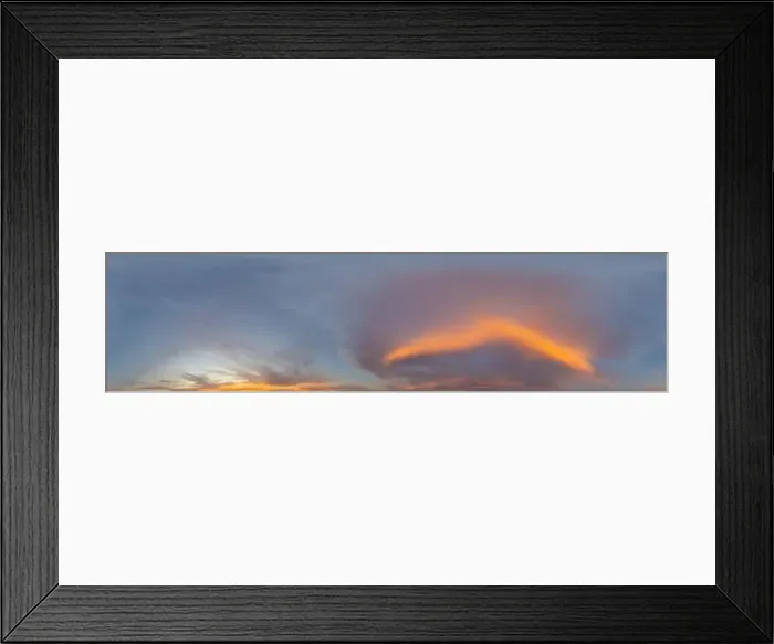 Framed Print : Panorama of a dark blue sunset sky with pink Cumulus clouds
