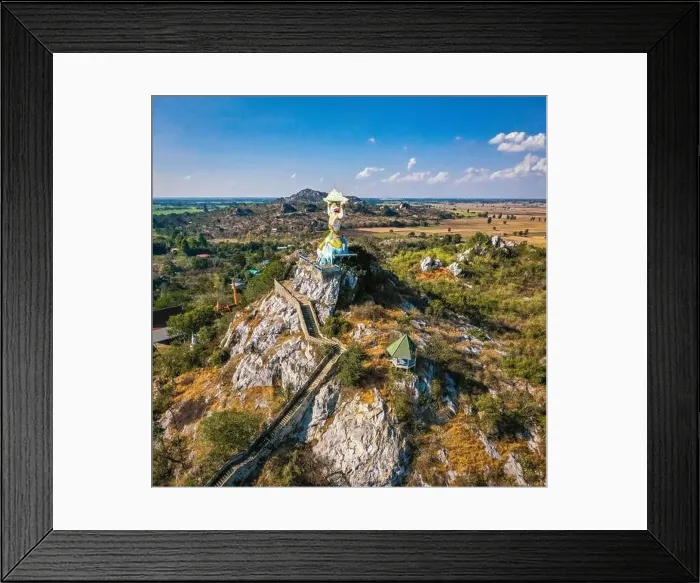 Framed Print : Aerial view of Wat Khao Samo Khon temple, with hanuman monkey god statue on top of mountain, in Lopburi, Thailand Framed Print : Aerial view of Wat Khao Samo Khon temple, with hanuman monkey god statue on top of mountain, in Lopburi, Thailand