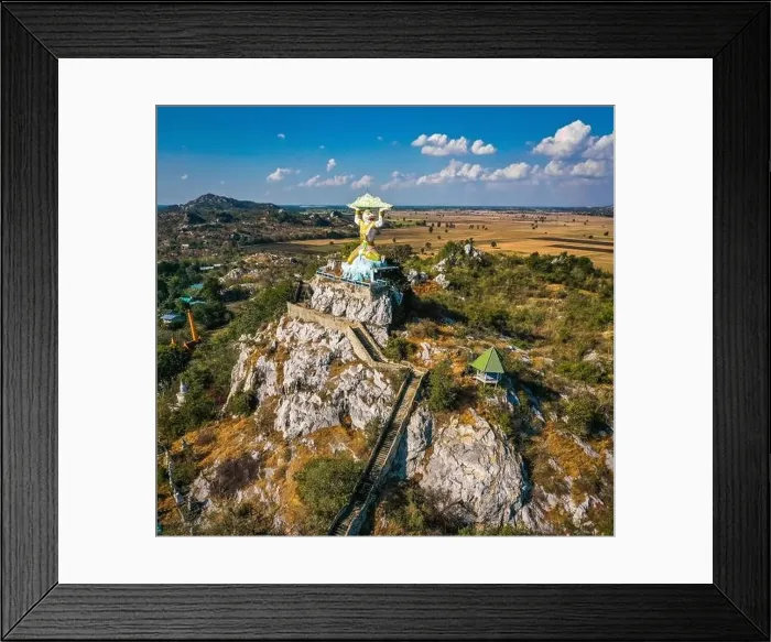 Framed Print : Aerial view of Wat Khao Samo Khon temple, with hanuman monkey god statue on top of mountain, in Lopburi, Thailand Framed Print : Aerial view of Wat Khao Samo Khon temple, with hanuman monkey god statue on top of mountain, in Lopburi, Thailand