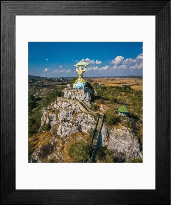 Framed Print : Aerial view of Wat Khao Samo Khon temple, with hanuman monkey god statue on top of mountain, in Lopburi, Thailand Framed Print : Aerial view of Wat Khao Samo Khon temple, with hanuman monkey god statue on top of mountain, in Lopburi, Thailand