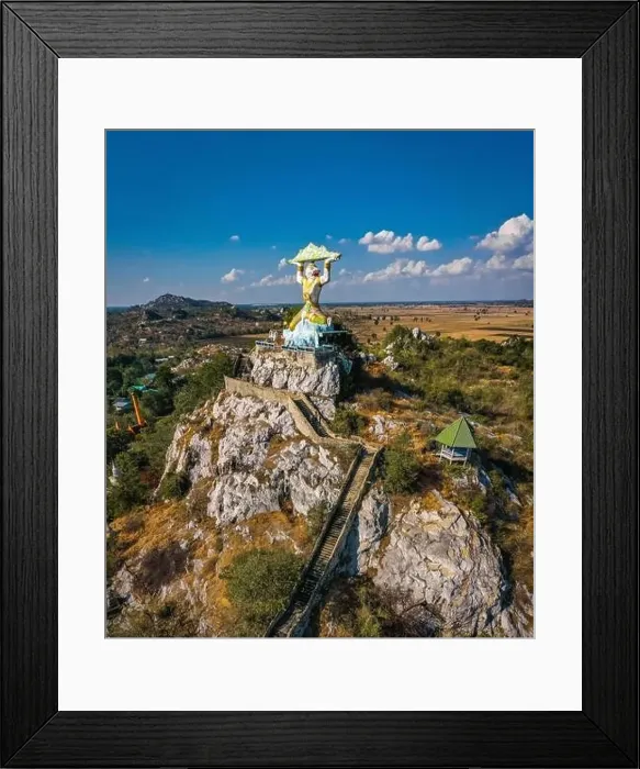 Framed Print : Aerial view of Wat Khao Samo Khon temple, with hanuman monkey god statue on top of mountain, in Lopburi, Thailand Framed Print : Aerial view of Wat Khao Samo Khon temple, with hanuman monkey god statue on top of mountain, in Lopburi, Thailand
