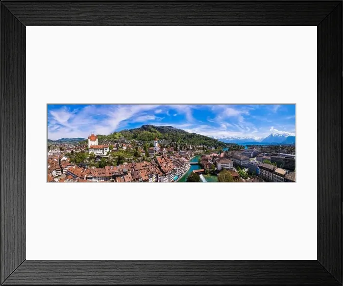 Framed Print : Splendid aerial panorama of Thun old town with medieval castle and Alps mountains on background Framed Print : Splendid aerial panorama of Thun old town with medieval castle and Alps mountains on background