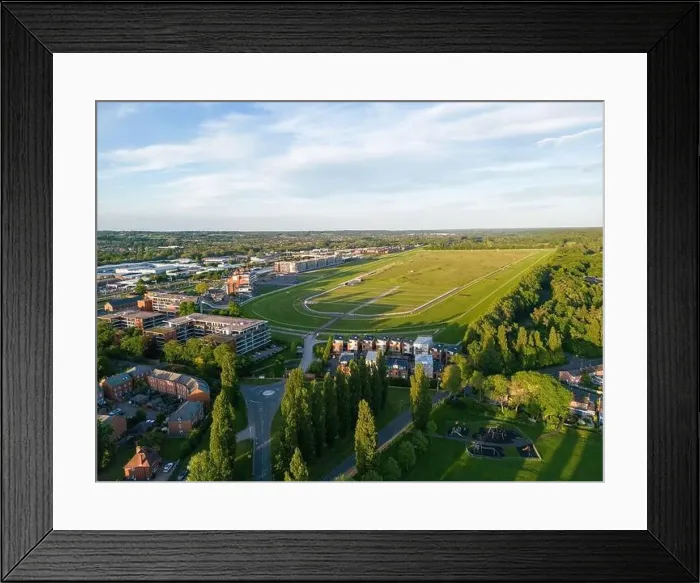 Framed Print : Aerial view over Newbury Racecourse at golden hour Framed Print : Aerial view over Newbury Racecourse at golden hour